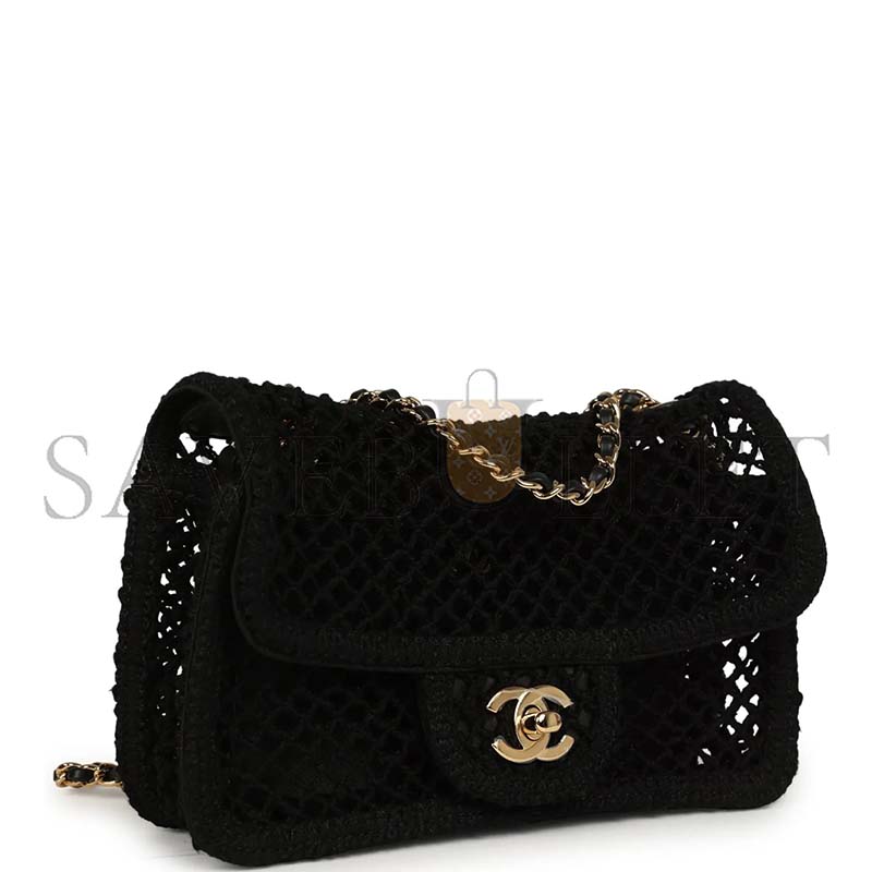 Ch**el MASTER SMALL COCO BEACH MACRAME FLAP BAG BLACK MESH GOLD HARDWARE AS6156 (21*14*6cm)